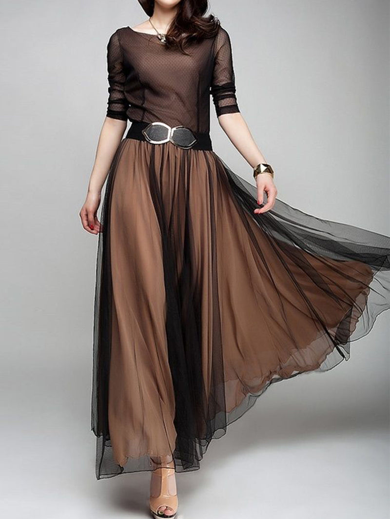 Plain Boat Neck Flowy Hem Maxi Dress