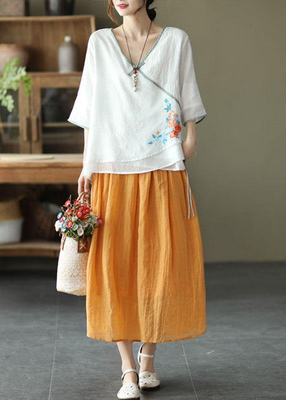 Pink V Neck Embroidered Summer Ramie Half Sleeve Tops