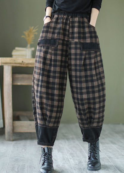 French Black Plaid Patchwork Denim Pants Spring