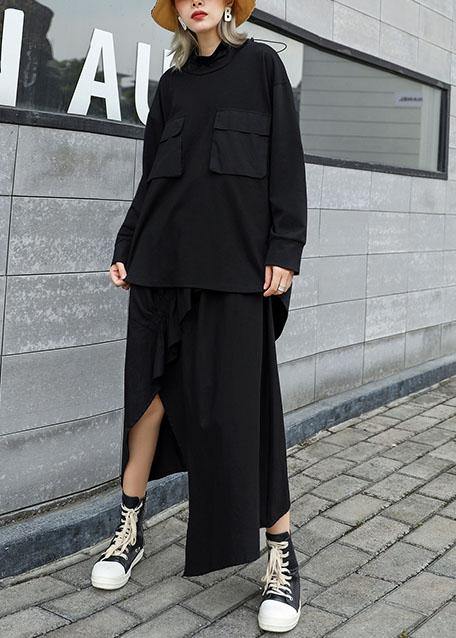 Modern Black Cotton Linen Asymmetric Ruffles Fall Skirt