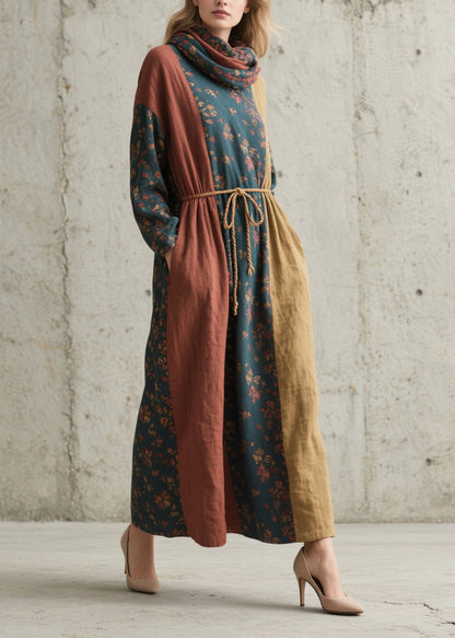 Colorblock Cinched Print Cotton Robe Dresses Fall