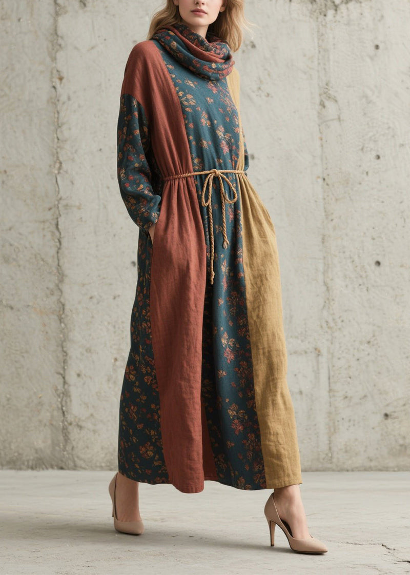 Colorblock Cinched Print Cotton Robe Dresses Fall