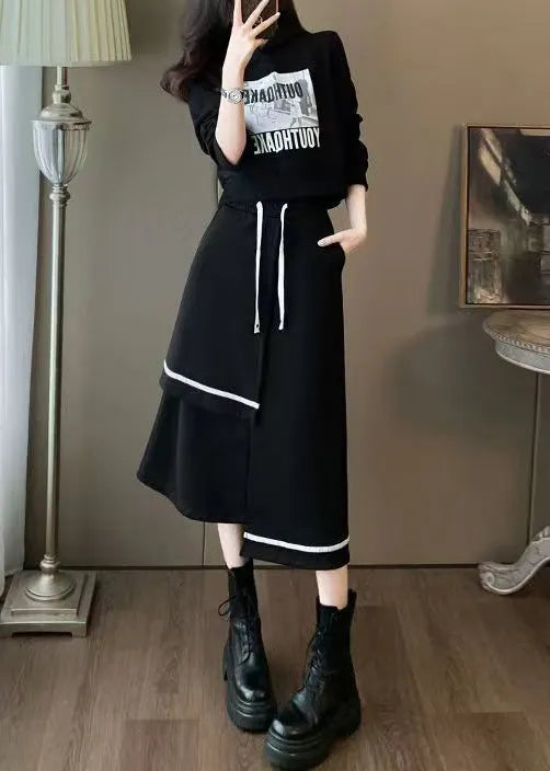 Black Hooded Sweatshirt and Skirts Cotton Two Piece Set Spring