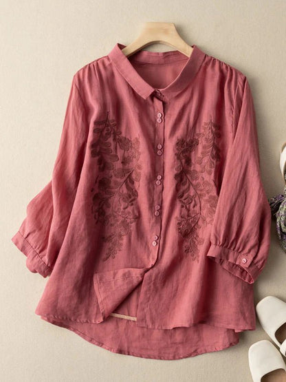 Embroidered 3/4 Sleeve Linen Shirt Top