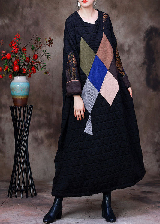 Fine Black O-neck Oversized Print Fine Cotton Filled Maxi Dresses Gown Winter