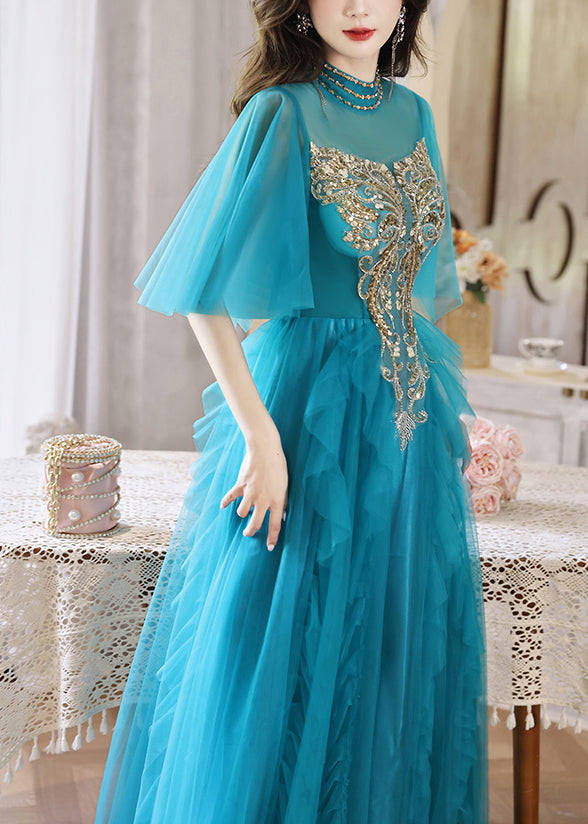 Boutique Peacock Blue Sequins Highwaist Long Dresses Half Sleeve