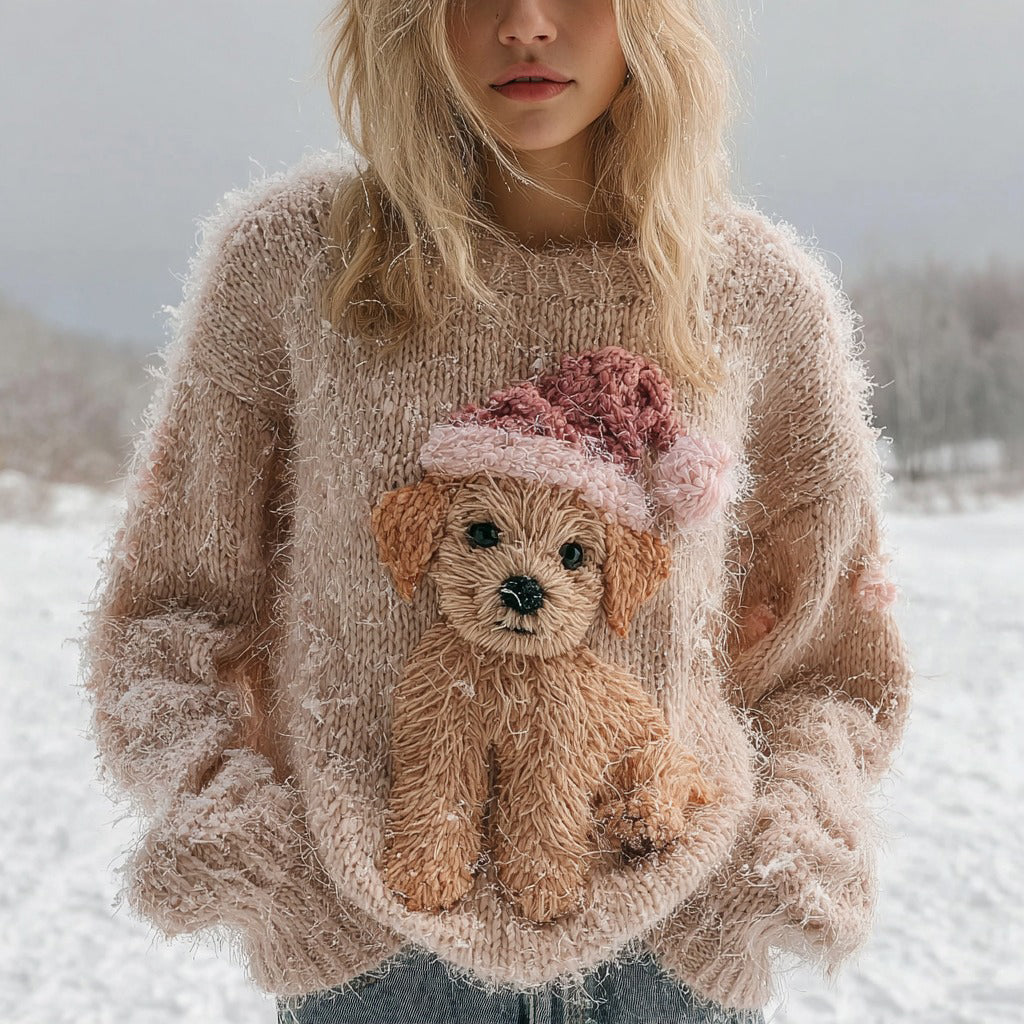 Comstylish Fuzzy Cute Golden Retriever Puppy Knit Christmas Sweater