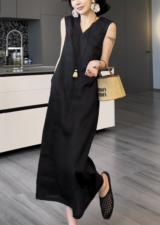 New Black V Neck Pockets Cotton Long Dress Sleeveless