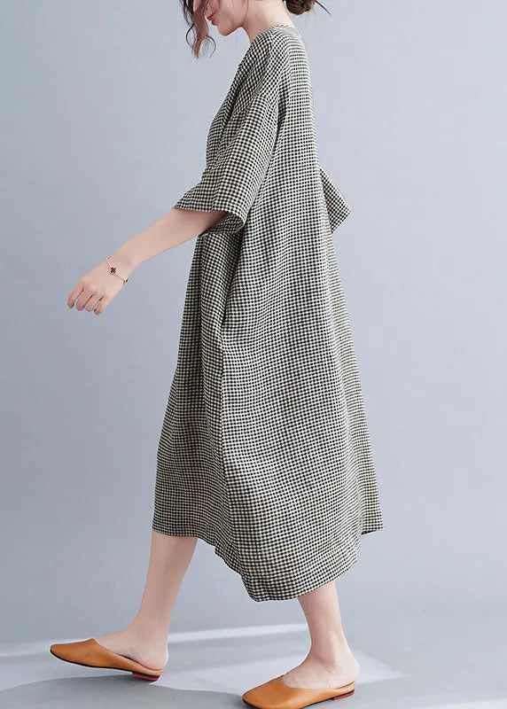 Black Plaid Cotton Holiday Dress O-neck Short Sleeve