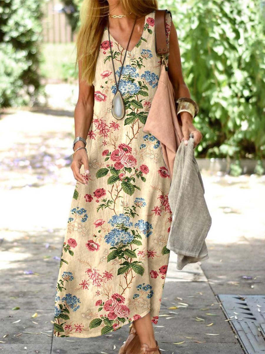 Women's Resort Style Floral Pattern Vest Style Loose Cotton and Linen Dress