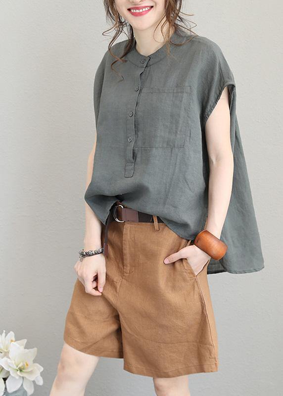 Unique O Neck Linen Tops Blouses Low High Design Clothing Gray Green Shirt
