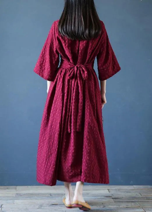 V Neck Tie Waist Linen Clothes for Runway Burgundy Dress