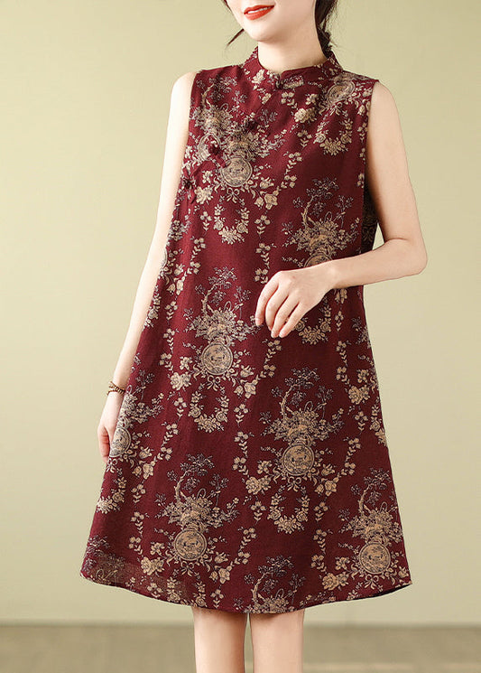 New Retro Mulberry Mandarin Collar Print Cotton a Line Dress Sleeveless