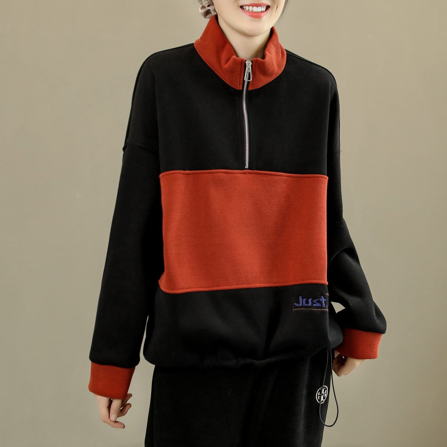 Winter Color Matching Patchwork Zipper Loose Furred Sweater