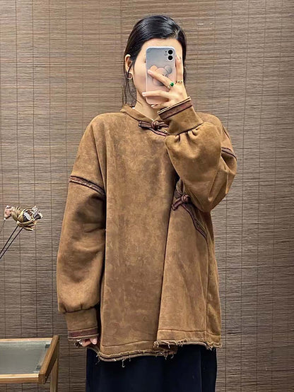 Chinese Button Worn Thick Sweatshirt