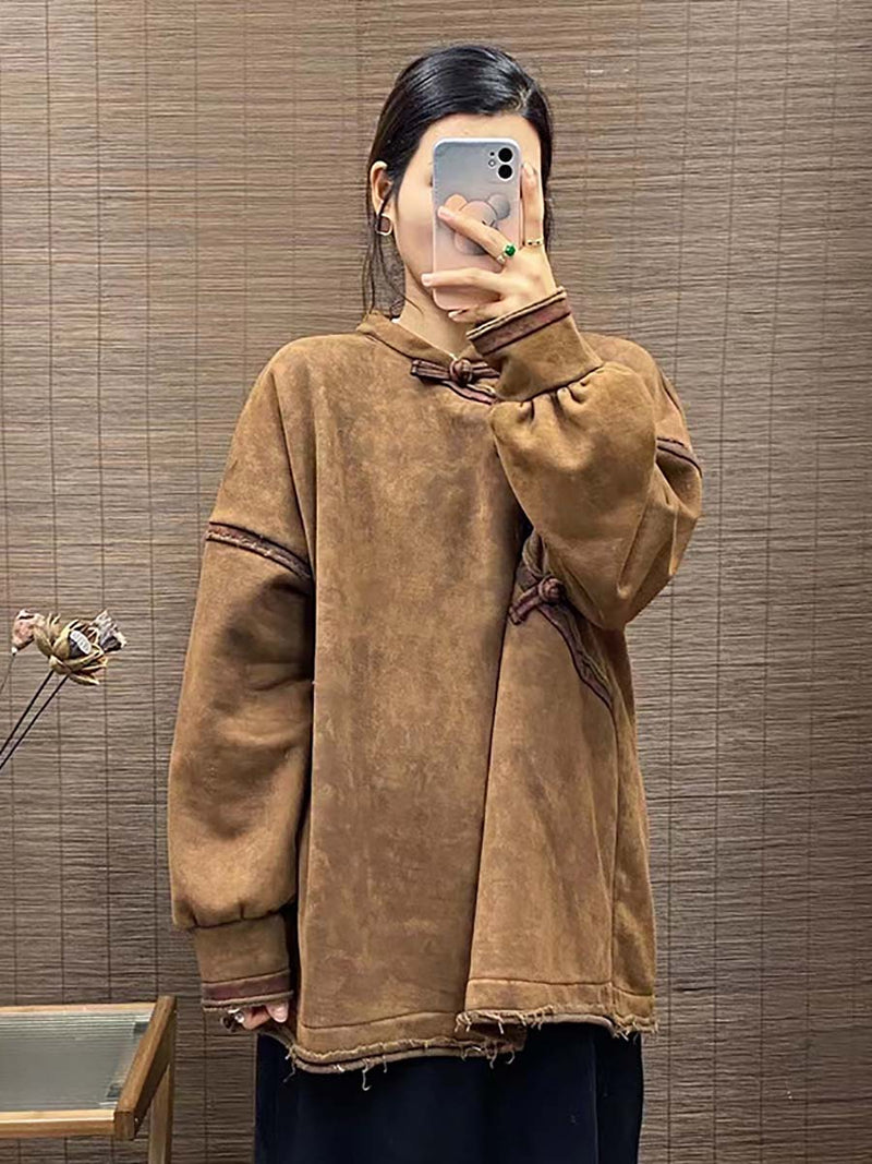 Chinese Button Worn Thick Sweatshirt