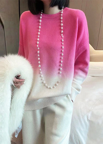 Rose Gradient Color O-neck Cozy Cashmere Knit Sweaters Fall