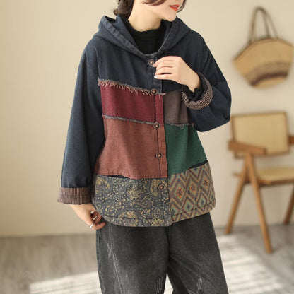 Padded Thick Loose Colorblock Denim Jacket