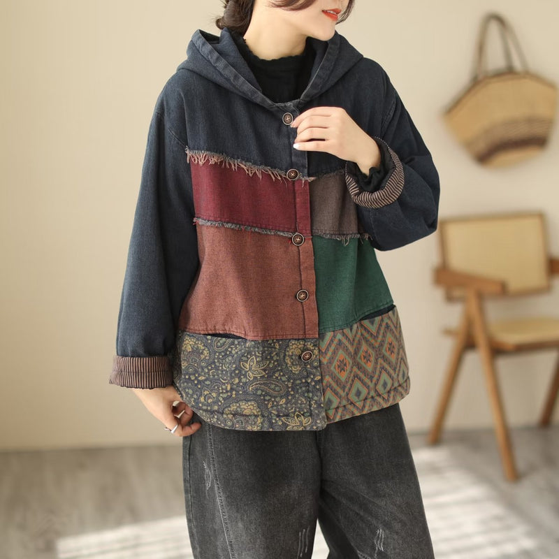 Padded Thick Loose Colorblock Denim Jacket