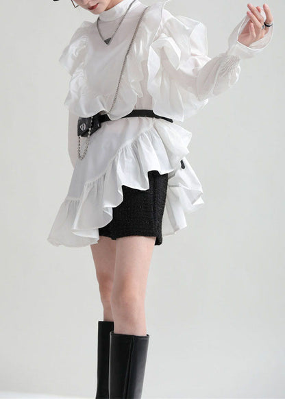 White Patchwork Cotton Shirt Top Ruffled Color Fall