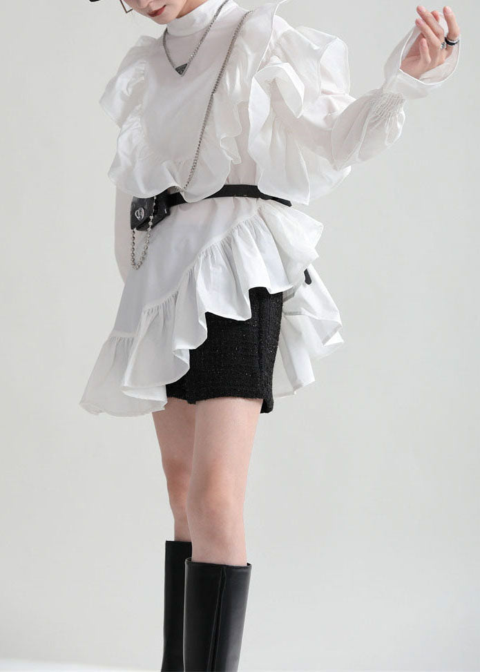 White Patchwork Cotton Shirt Top Ruffled Color Fall