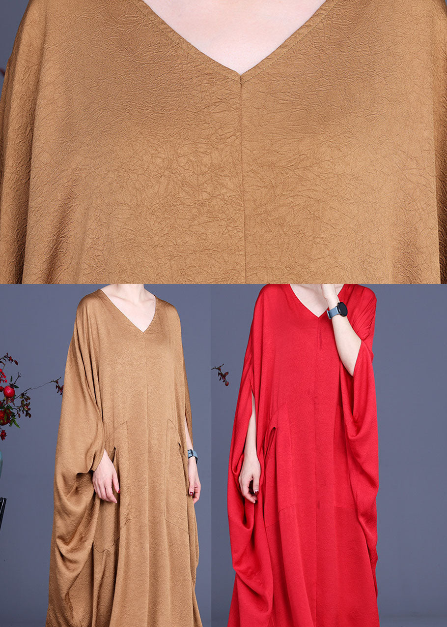 Red Bat Wing Sleeve Silk Maxi Dress V Neck