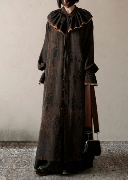 Chocolate Ruffled Print Patchwork Silk Long Dress Fall