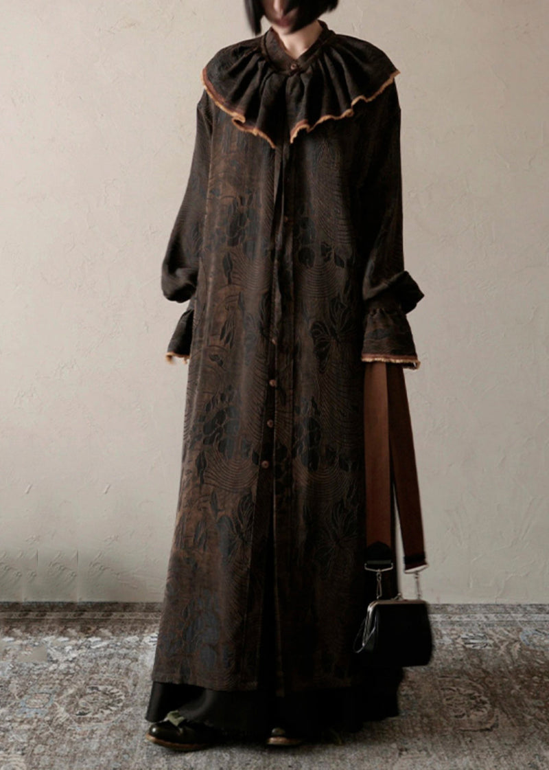 Chocolate Ruffled Print Patchwork Silk Long Dress Fall