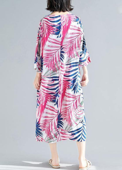Handmade Rose Print Cotton V Neck Tie Waist a Line Summer Dresses