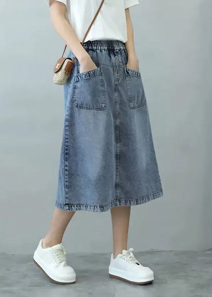 Rief Blue Patchwork Elastic Waist Denim Skirts Summer