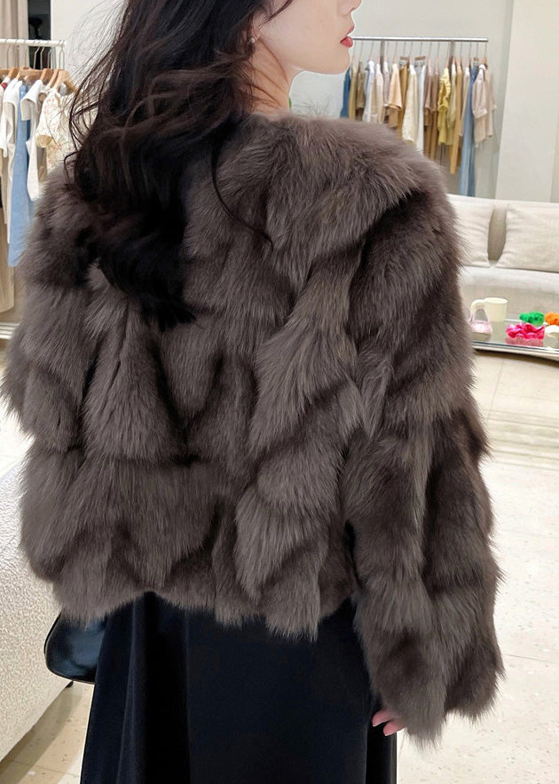 Cocoa Colour O-neck Fuzzy Fur Fluffy Leather and Fur Coats Winter