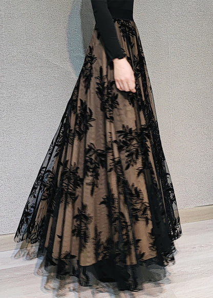 Novelty Chocolate Embroideried High Waist Draping Tulle Maxi Skirt Spring