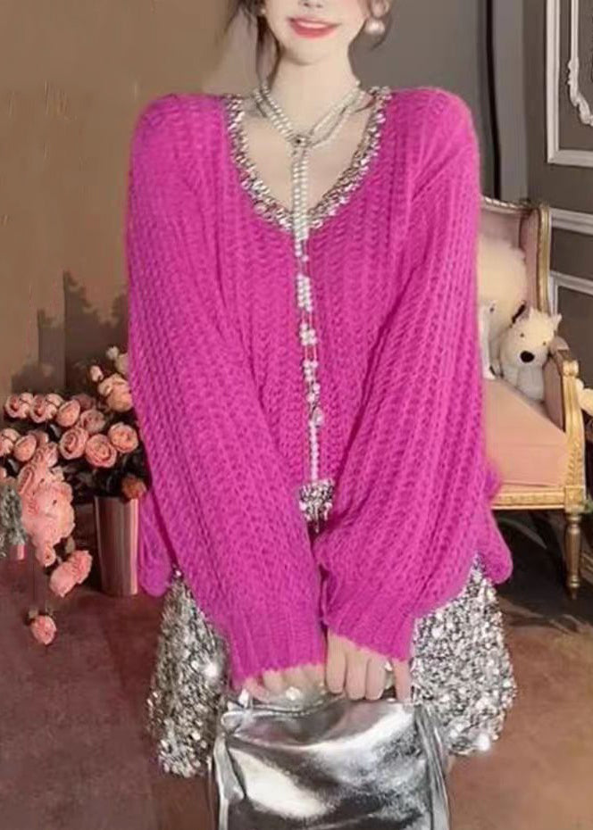 Rose Nail Bead Patchwork Knit Sweaters Long Sleeve
