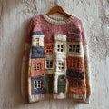 Vintage Cottagecore Buildings Colorblock Crochet Cozy Knit Sweater
