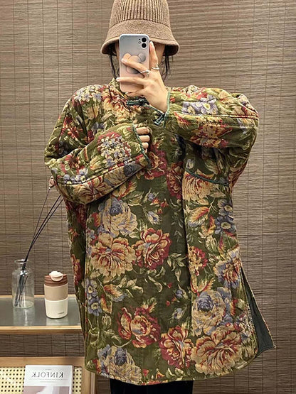 Winter Button Print Splict Hem Coat