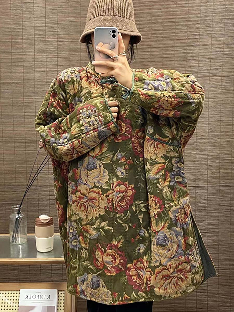 Winter Button Print Splict Hem Coat