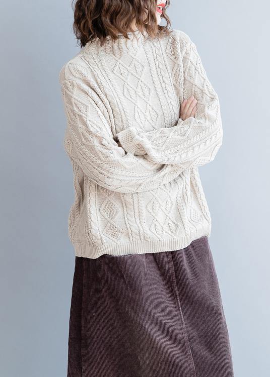Cozy Beige Blouse High Neck Button Downfall Knit Tops