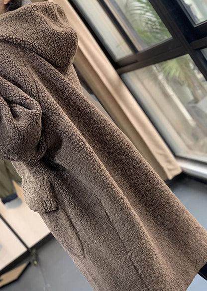 Coffee Hooded Oversized Teddy Faux Fur Long Coats Winter