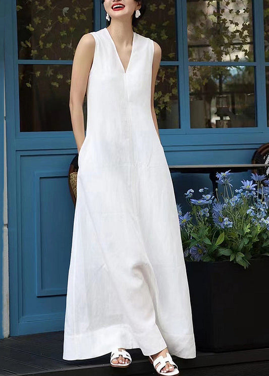 White V Neck Patchwork Long Dresses Sleeveless