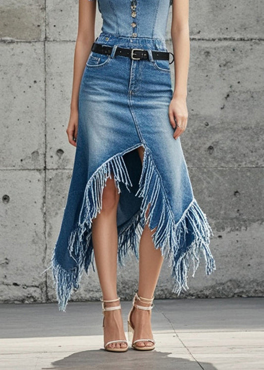 Blue Asymmetrical Patchwork Tasseled Denim Skirts Spring