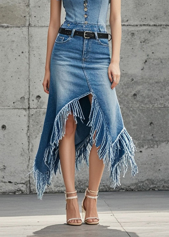 Blue Asymmetrical Patchwork Tasseled Denim Skirts Spring