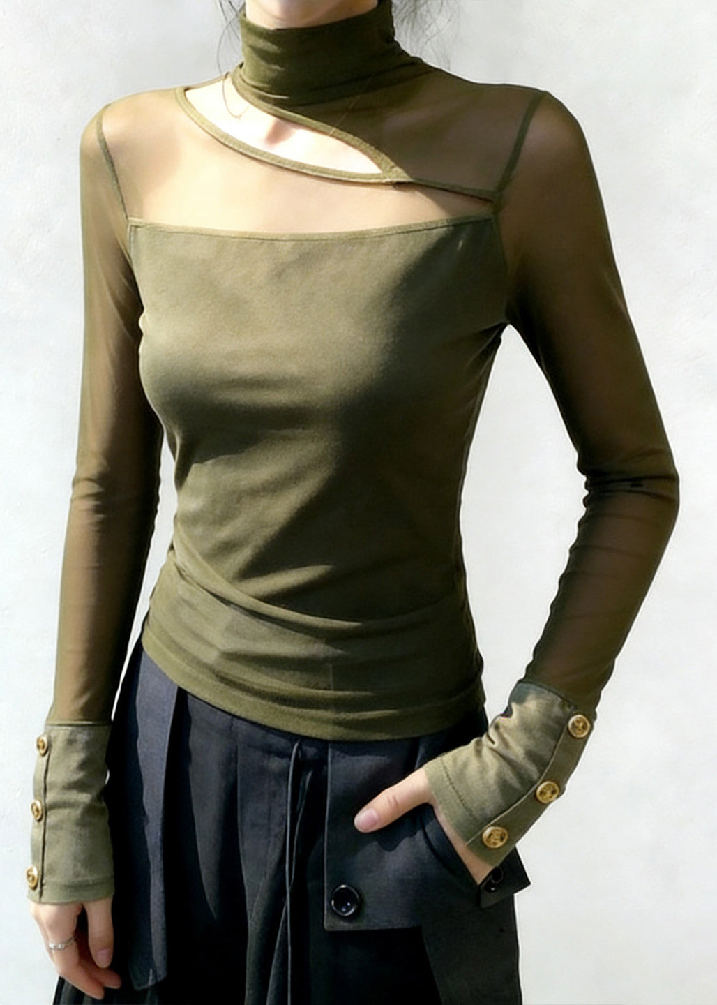 Green High Neck Patchwork Tulle Top Spring