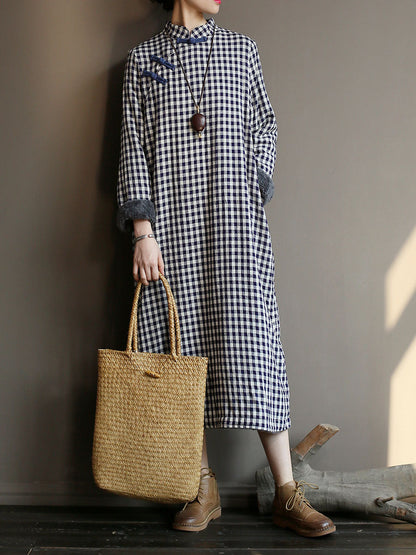 Chinese Style Winter Frog Thick Plaid Robe Dress