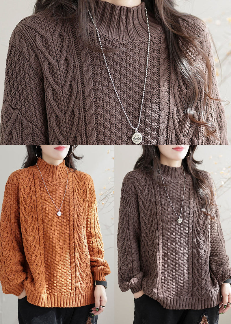 Orange High Neck Chunky Oversized Cable Knit Sweater Winter