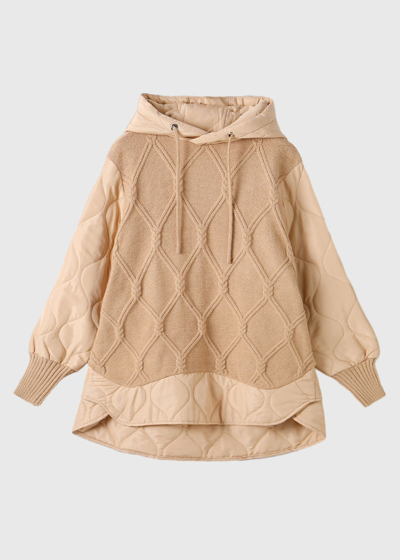 Apricot Drawstring Patchwork Low High Design Fake Two Pieces Hooded Knit Sweater Winter