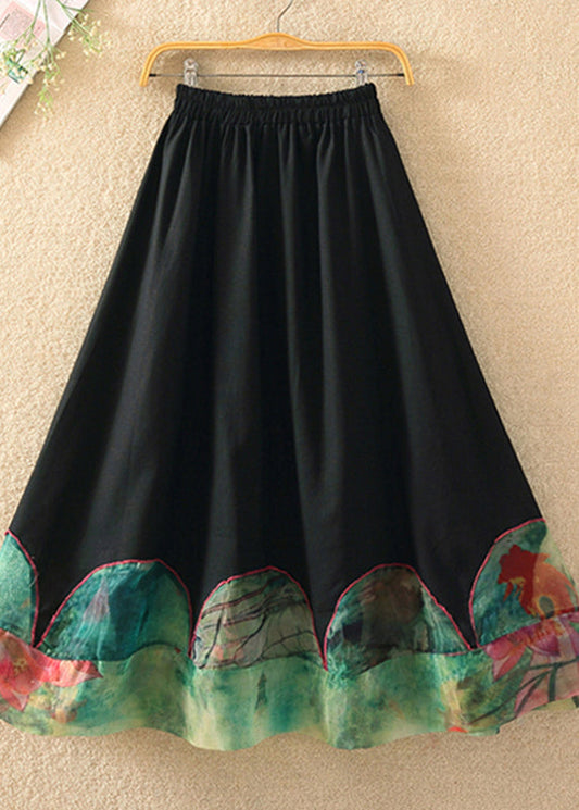 Black Print Patchwork Elastic Waist Skirt Summer