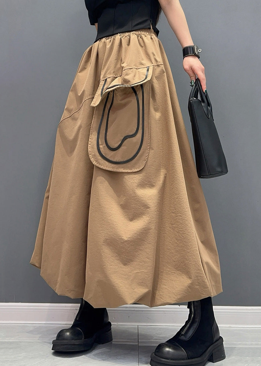 Khaki Pockets Elastic Waist Cotton Skirts Summer
