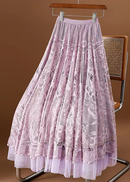 Purple Wrinkled Hollow Out Lace High Waist Skirt Spring