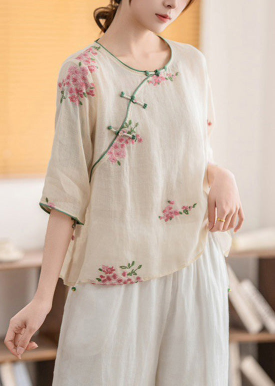 Yellow O Neck Oriental Button Linen Shirt Summer
