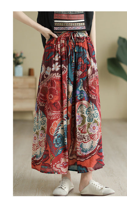 Literary Tencel Linen Print Slim A-line Skirt